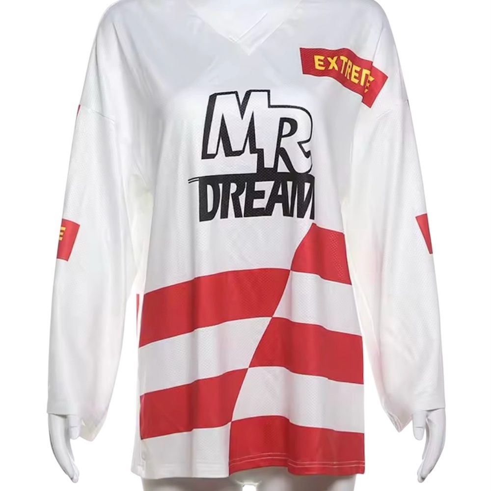 White and Red Graphic Long Sleeve Shirt